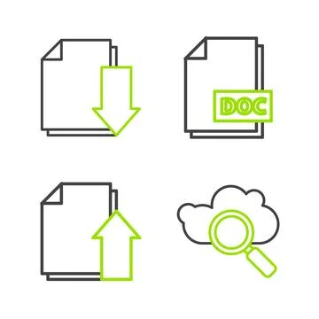 Set line Search cloud computing, Upload file document, DOC and Document with Illustrazione stock