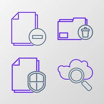 Set line Search cloud computing, Document protection concept, Delete folder and Stock Illustration