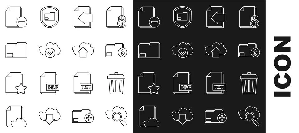 Set line Search cloud computing, Trash can, Finance document folder, Next page Illustrazione stock