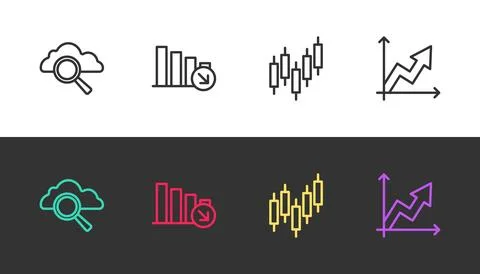 Set line Search cloud computing, Financial growth decrease, Browser with st.. Illustrazione stock