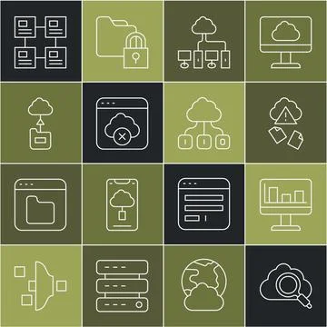 Set line Search cloud computing, Monitor with graph chart, Cloud hacking, C.. Stock Illustration