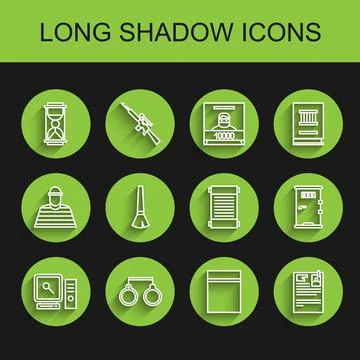 Set line Search on computer screen, Handcuffs, Old hourglass with sand, Plastic Stock Illustration