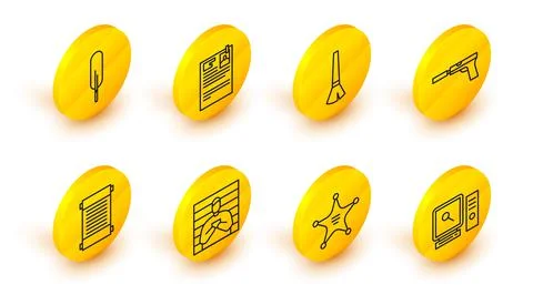 Set line Search on computer screen, Hexagram sheriff, Suspect criminal, Decree Illustrazione stock