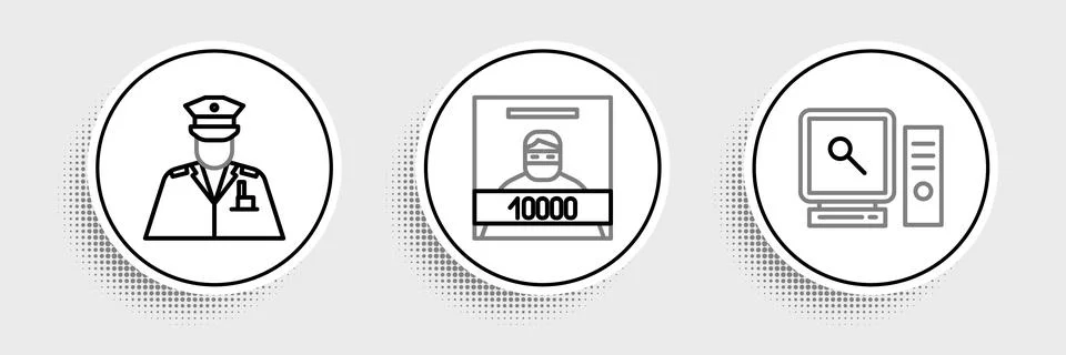 Set line Search on computer screen, Police officer and Wanted poster icon Stock-Illustration