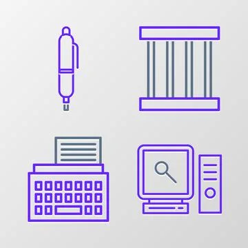 Set line Search on computer screen, Retro typewriter, Prison window and Pen.. Stock Illustration