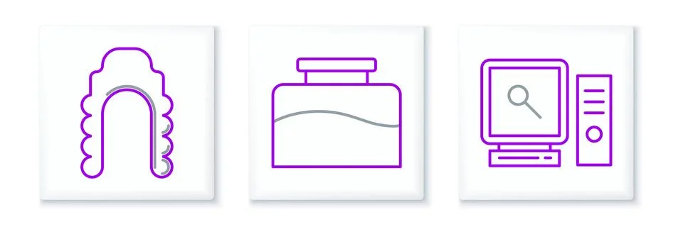 Set line Search on computer screen, Judge wig and Inkwell icon. Vector 스톡 일러스트