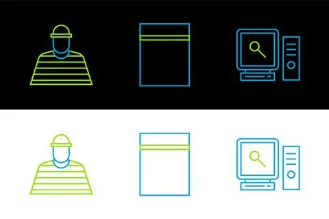 Set line Search on computer screen, Prisoner and Plastic bag with ziplock i.. Stock Illustration