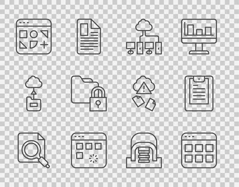 Set line Search concept with folder, Browser files, Computer network, Loading 스톡 일러스트