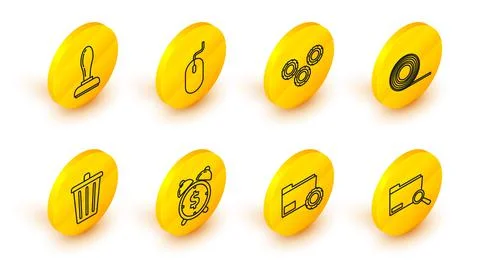 Set line Search concept with folder, Folder settings gears, Alarm clock dollar Stock Illustration