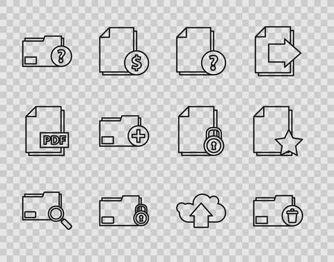 Set line Search concept with folder, Delete, Unknown document, Folder and lock Illustrazione stock