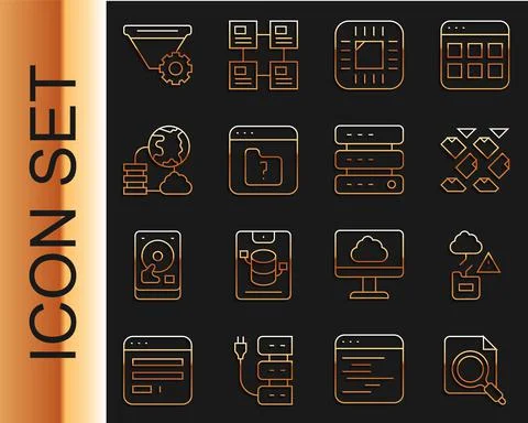 Set line Search concept with folder, Cloud technology data transfer, Data stream Stock Illustration