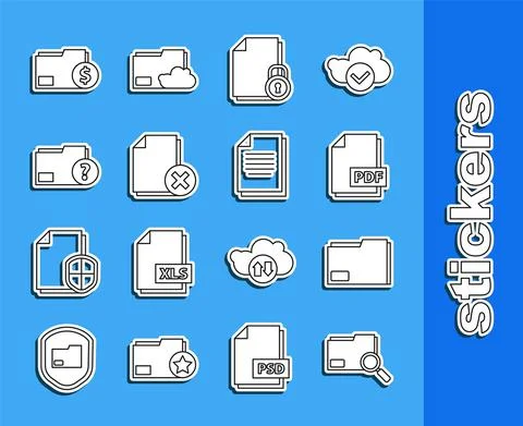 Set line Search concept with folder, Document, PDF file document, and lock Illustrazione stock