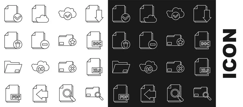 Set line Search concept with folder, XLS file document, DOC, Cloud check mark Ilustración de archivo