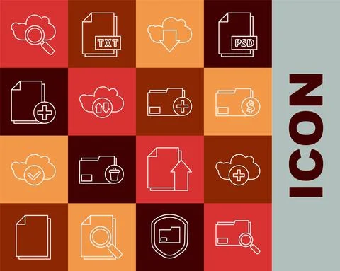 Set line Search concept with folder, Add cloud, Finance document, Cloud download Stock Illustration