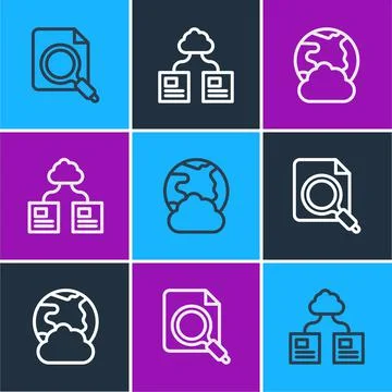 Set line Search concept with folder, Social network and Cloud technology data Stock Illustration