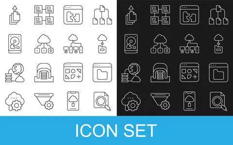 Set line Search concept with folder, Browser files, Cloud technology data Illustrazione stock