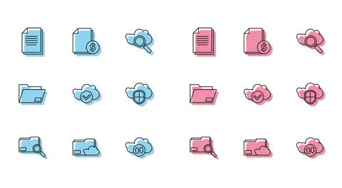 Set line Search concept with folder, Cloud storage text document, Document, d Stock Illustration