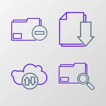 Set line Search concept with folder, Cloud download and upload, Document and  Ilustración de archivo