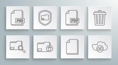 Set line Search concept with folder, Document protection, Delete, Cloud download Stock Illustration