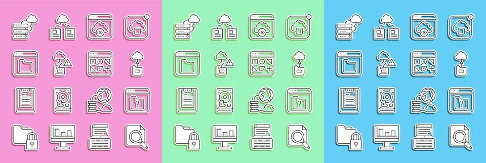 Set line Search concept with folder, File missing, Cloud technology data Stock Illustration