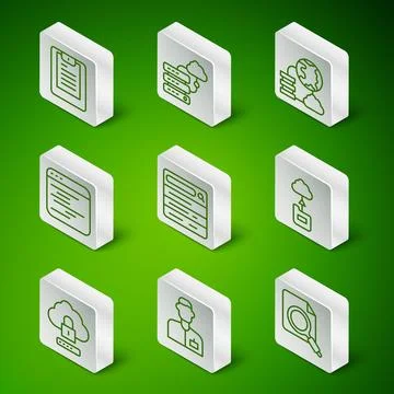 Set line Search concept with folder, Analyst engineer, Server, Data report Stock Illustration