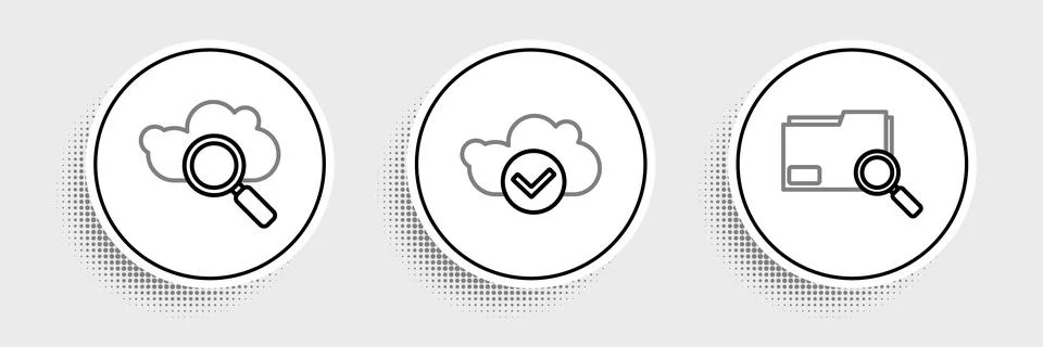 Set line Search concept with folder, cloud computing and Cloud check mark icon Stock Illustration