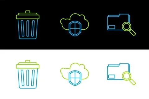 Set line Search concept with folder, Trash can and Cloud and shield icon. V.. Stock Illustration