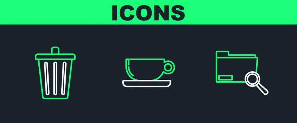 Set line Search concept with folder, Trash can and Coffee cup flat icon. Vect Stock Illustration