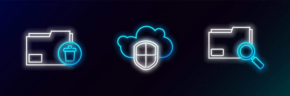 Set line Search concept with folder, Delete and Cloud and shield icon. Glow.. 스톡 일러스트