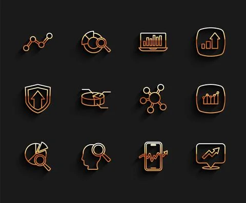 Set line Search data analysis, people, Graph chart infographic, Mobile stock Stock Illustration