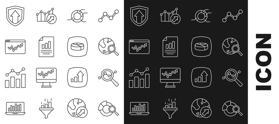 Set line Search data analysis, globe, Pie chart infographic, Document with Illustrazione stock