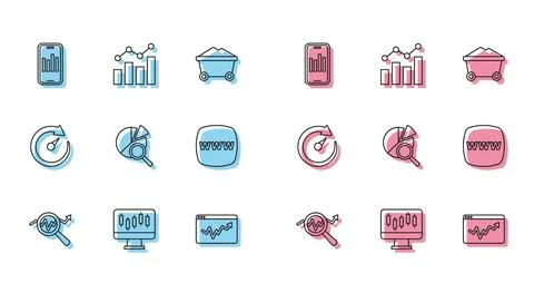 Set line Search data analysis, Stocks market growth graphs, Mobile with, Graph Stock Illustration