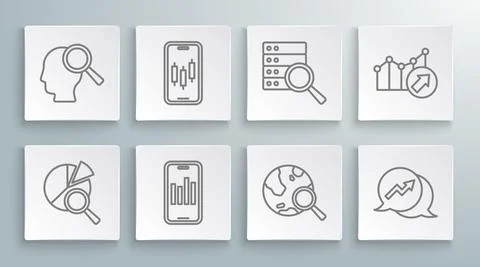Set line Search data analysis, Mobile stock trading, with graph, globe Stock Illustration