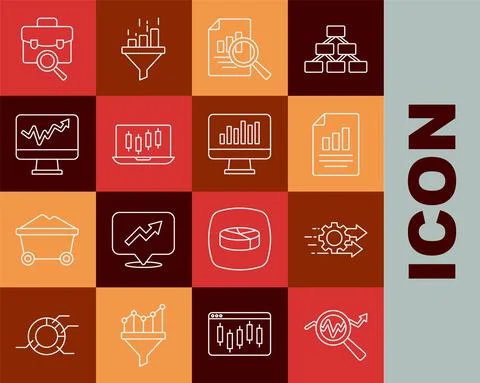 Set line Search data analysis, Time management, Document with graph chart Stock-Illustration