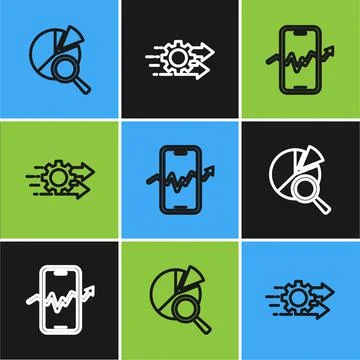 Set line Search data analysis, Mobile stock trading and Time management icon. Stock Illustration