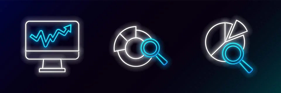 Set line Search data analysis, Monitor with graph chart and icon. Glowing neon Stock Illustration