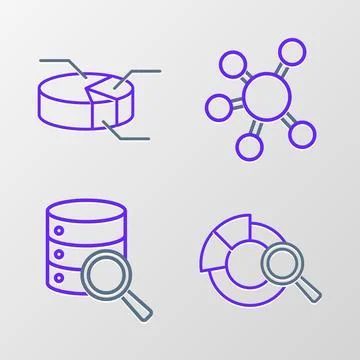Set line Search data analysis, Server, Project team base and Pie chart Illustrazione stock