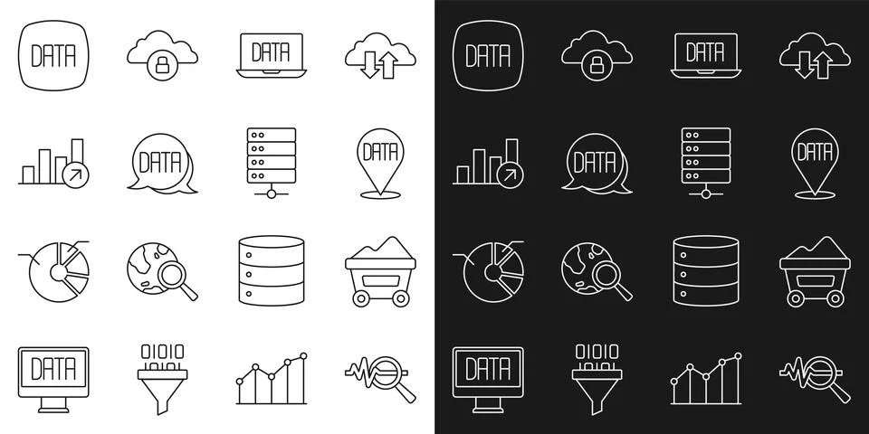 Set line Search data analysis, Coal mine trolley, Data, Financial growth, and Stock Illustration