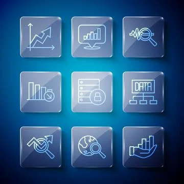 Set line Search data analysis, globe, Pie chart infographic, Server security Stock Illustration