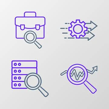 Set line Search data analysis, Server, Time management and Work search icon Stock Illustration