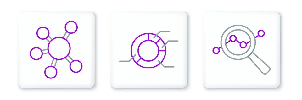 Set line Search data analysis, Project team base and Pie chart infographic icon Stock Illustration