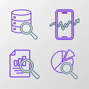 Set line Search data analysis, Document with graph chart, Mobile stock trading Illustrazione stock