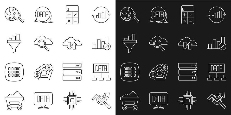 Set line Search data analysis, Data, Financial growth, Calculator, cloud Illustrazione stock