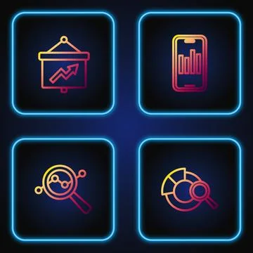 Set line Search data analysis, Board with graph and Mobile. Gradient color icons Illustrazione stock