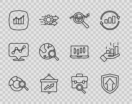 Set line Search data analysis, Financial growth, Board with graph, globe, W.. Stock Illustration