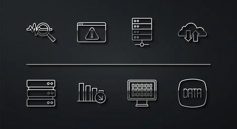Set line Search data analysis, Server, Cloud download and upload, Binary co.. Stock-Illustration