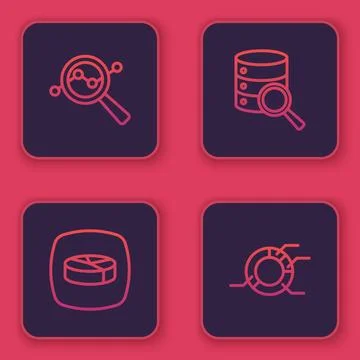Set line Search data analysis, Pie chart infographic, Server and . Blue squ.. Stock Illustration
