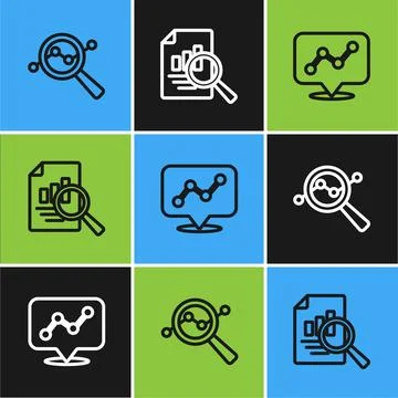 Set line Search data analysis, Graph chart infographic and Document with ic.. Stock Illustration
