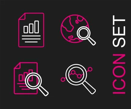Set line Search data analysis, Document with graph chart, globe and  icon. .. Stock Illustration