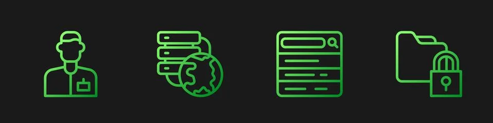 Set line Search engine, Analyst engineer, Network cloud connection and Folder Stock Illustration